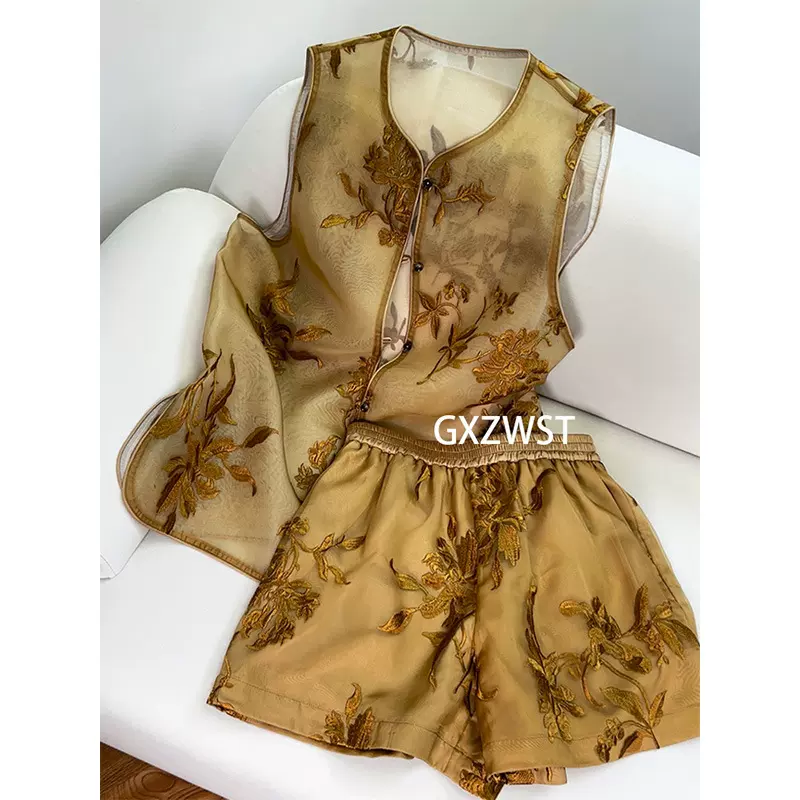 【现货】新中式国风真丝马甲女唐装套装2025秋季款宽松织金两件套