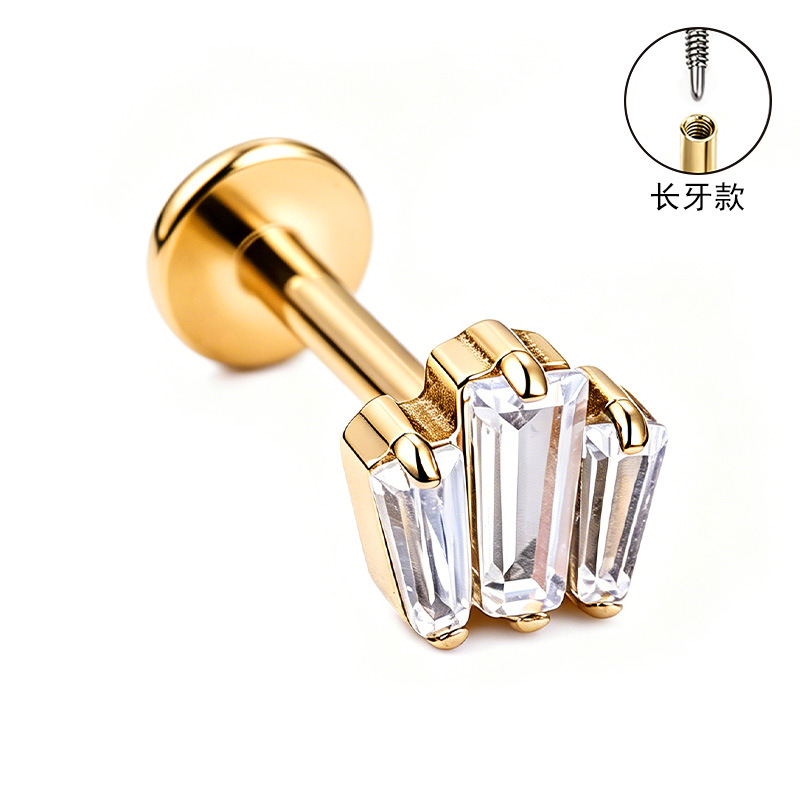 F136 Titanium Alloy Ear Studs – Finely Carved Long Tooth Ear Bone Studs with Zirconia, G23 Titanium Body Piercing Jewelry in Gold detail image 40