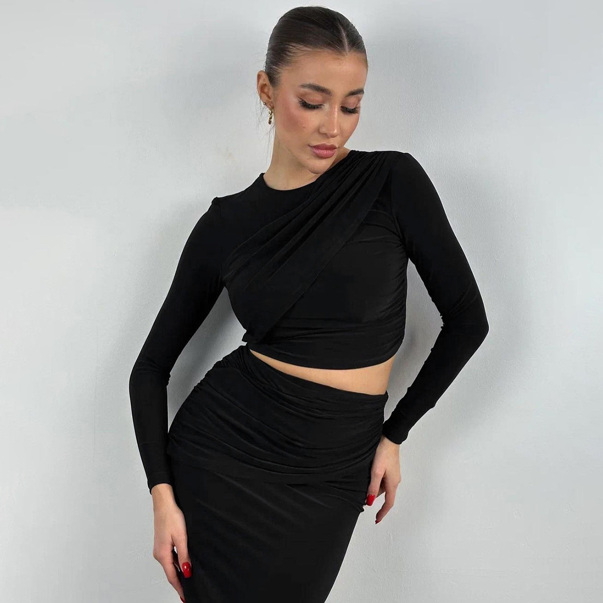 European American Style Women's Clothing 2024 Autumn And Winter New Foreign Trade Round-neck Long-sleeve Crop Top_ecoleips.com