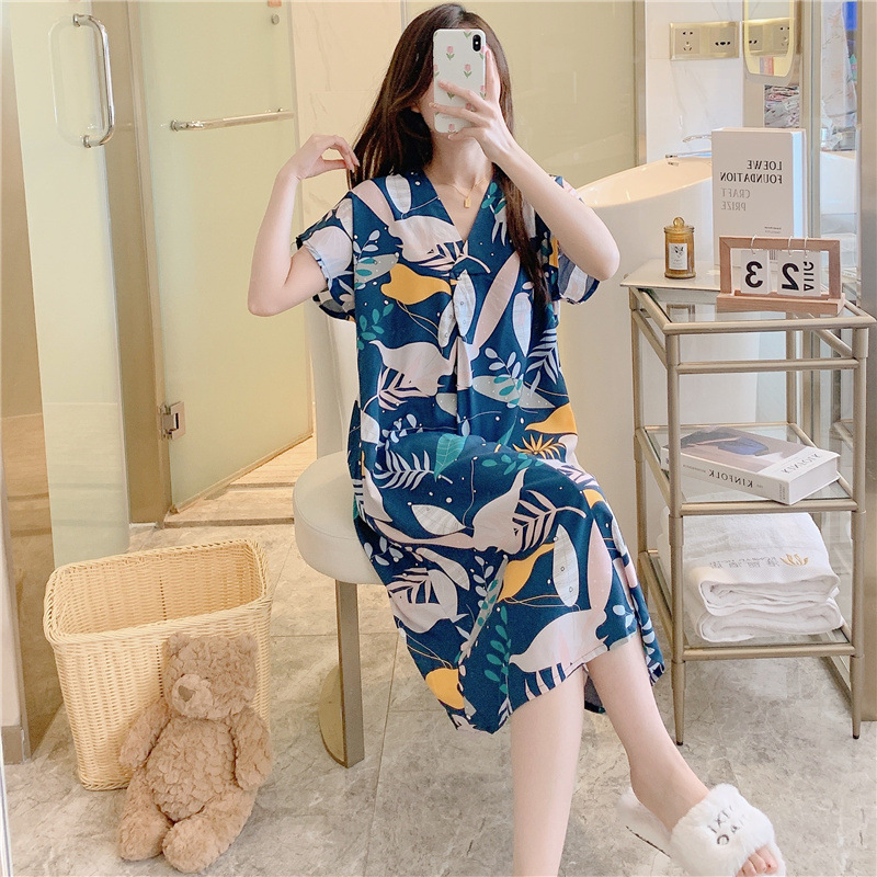 Camisón de seda de algodón para mujer verano nuevo Pijama estampado de dibujos animados de manga corta estilo coreano más tamaño ropa para el hogar suelta de seda de algodón delgada