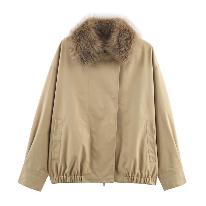 2025 New Autum Fashion Versatile Personalized Street Artificial Fur Collar Bomber Jacket 0155248