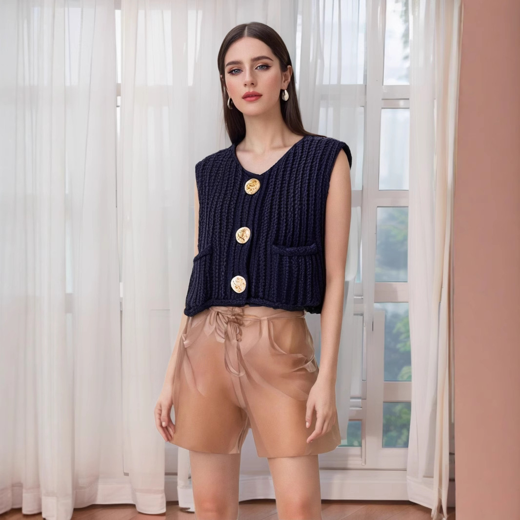 Venta rápida explosión de otoño y invierno 2024 nueva ropa de mujer bolsillo de estilo europeo y americano sin mangas chaleco de punto corto cardigans chaleco