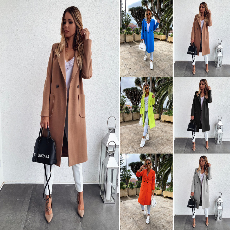 Ebay AliExpress wish Explosions Europe and America Best Selling Candy Color Lapel Long Coat Woolen Coat Windbreaker Women