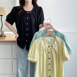 2025 Summer Right Shoulder Shirt Short-Sleeved Plus Size Women's Cardigan Elegant Pleated Fat Girl Round Neck Fashion Shirt 2519