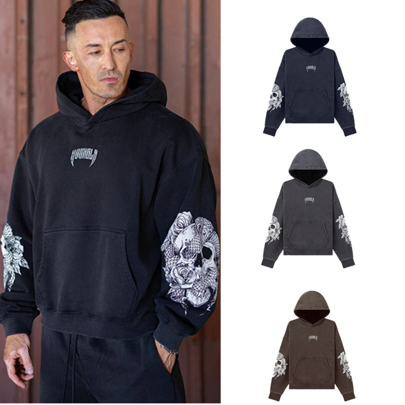 Youngla New Men's Hooded Sleeves Printed Pullover Loose Sweatshirt Gym Running Training Clothes Sportswear