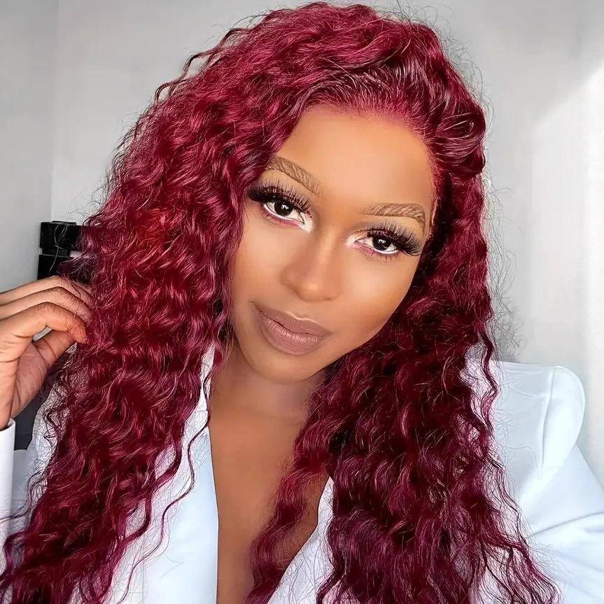 European American Style Small Curly Wig Lace Front Synthetic 13 X 4 Lace Trim African Wine Red Color_voghion.com