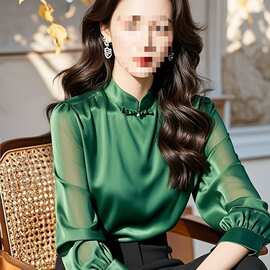 中式盘扣立领衬衣缎面长袖衬衫25新款春夏季高档气质轻奢绿色上衣