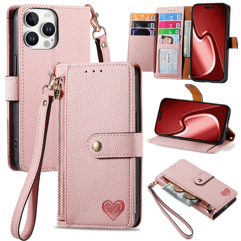 Suitable for iPhone Apple 17 Heart Flip Phone Leather Case Pebbled Multi-Card 16 Lanyard Anti-Fall Phone Case Suitable for iPhone Apple 17 Heart Flip Phone Leather Case Pebbled Multi-Card 16 Lanyard Anti-Fall Phone Case