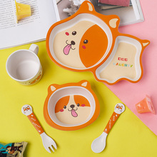 廠家批發竹纖維兒童餐具吃飯分隔餐盤卡通飯碗寶寶輔食碗叉勺套裝