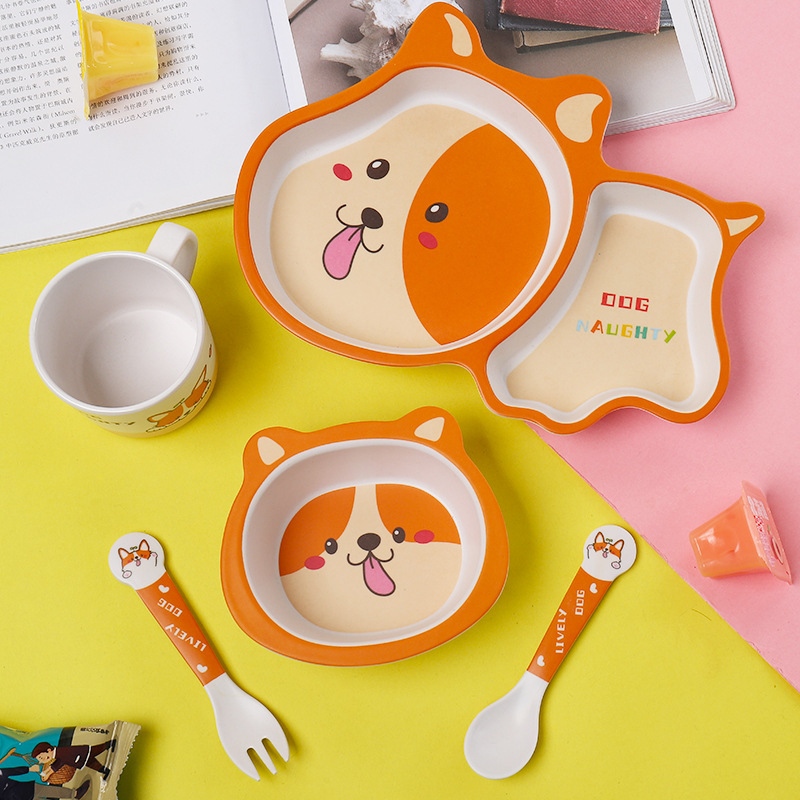 Factory wholesale bamboo fiber children's tableware meal separated plate cartoon rice bowl baby food bowl fork spoon set