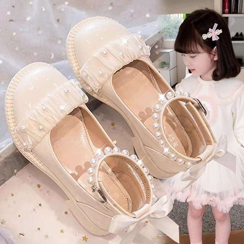 Girls' Leather Shoes, Spring Princess Shoes, Soft-Soled Kidsren's Shoes, Pearl Bow Kindergarten Performance Shoes, Dance Shoes