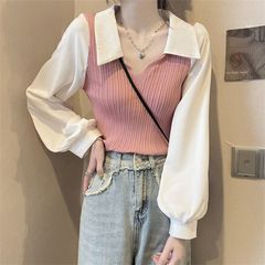 春秋V领设计感小众拼接翻领灯笼袖假两件短款针织上衣女长袖小衫