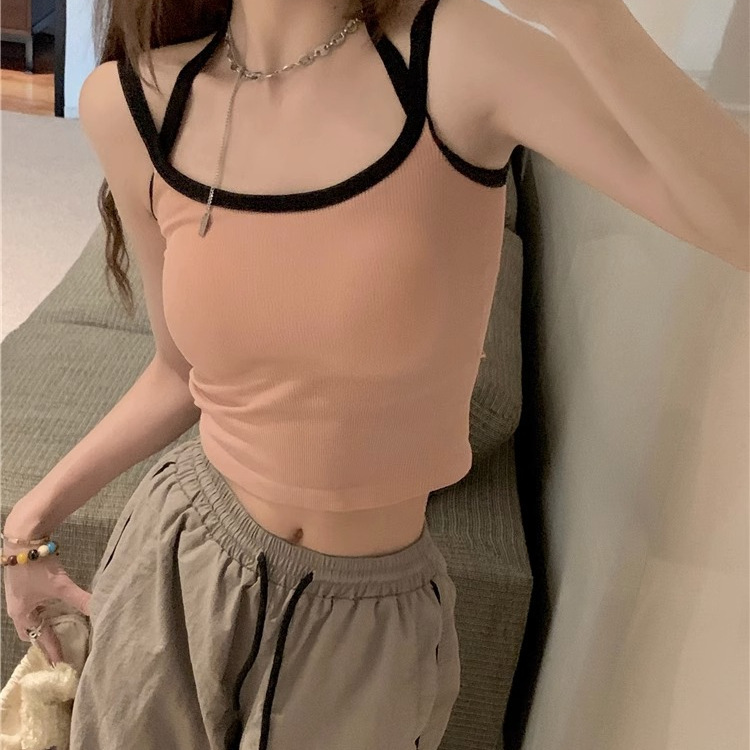 Contrast Color Sleeveless Halterneck Camisole Women's Inner Wear Summer 2024 New Slim Fit Short Hot Girl Outer Top Trendy