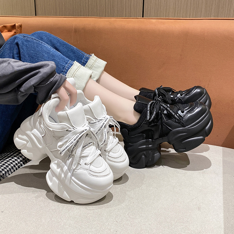 老爹鞋女ins潮圓頭春季新款休閒系帶運動鞋厚底松糕底重工女鞋子