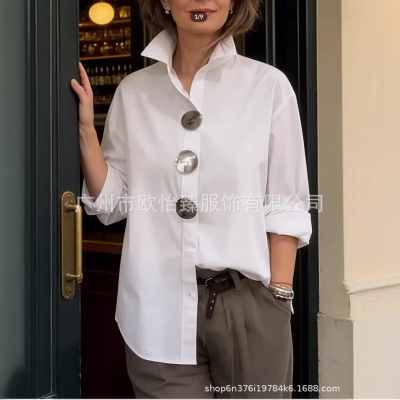 European and American Independent Websites Amazon Aliexpress 2026 Spring and Summer New Solid Color Stand-Up Collar Long-Sleeved Shirt with Metal Buttons European and American Independent Websites Amazon Aliexpress 2026 Spring and Summer New Solid Color Stand-Up Collar Long-Sleeved Shirt with Metal Buttons