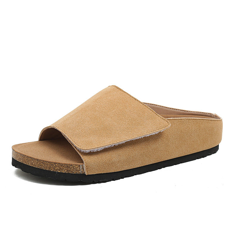 Dép sandal nữ quai ngang bản rộng mũi tròn đế bằng gấp gọn đi ngoài trời mùa hè — Màu Kaki, Màu mơ, Màu đen