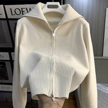 灰色针织开衫外套女装秋冬短款打底衫双拉链纯色毛衣内搭修身上衣