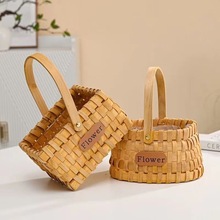 木质花篮手工编织长方形手提木片插花篮花艺多肉植物篮藤编收纳篮