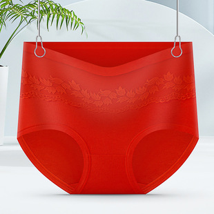 Benmingnian Red Underwear Women's High Waist Cotton Breathable Sexy Lace Briefs Cross-border Live