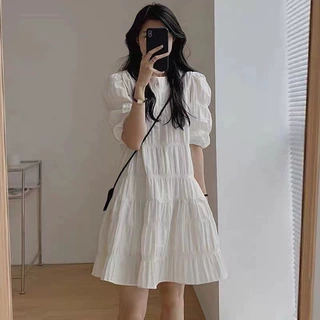 2026新款设计感小众褶皱泡泡袖法式连衣裙女夏季小个子显瘦短裙子