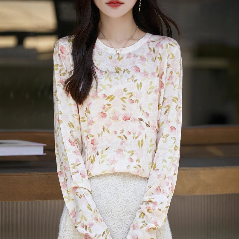 25 Spring and Summer New Women's Water-soluble Wool Crewneck Pullover Base Shirt Printed Design Sweater Thin Knitted Interior