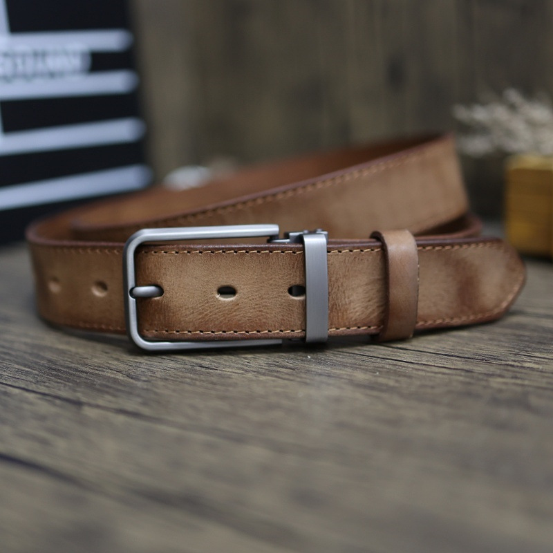 Handmade Top Layer Vintage Vegetable Tanned Pure Cowhide Pin Buckle Men's Workwear Pants Distressed Genuine Leather Belt_voghion.com
