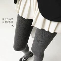 竖条纹打底裤女秋冬加绒加厚微压高腰连裤袜灰色踩脚棉打底袜外穿
