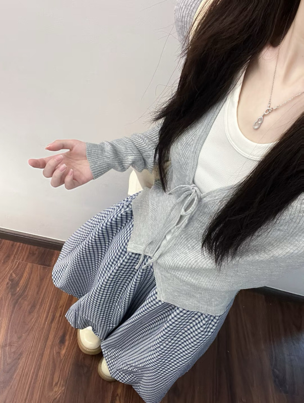 kumikumi温柔风套装系带长袖针织衫女装秋季显瘦半身裙长裙两件套|undefined
