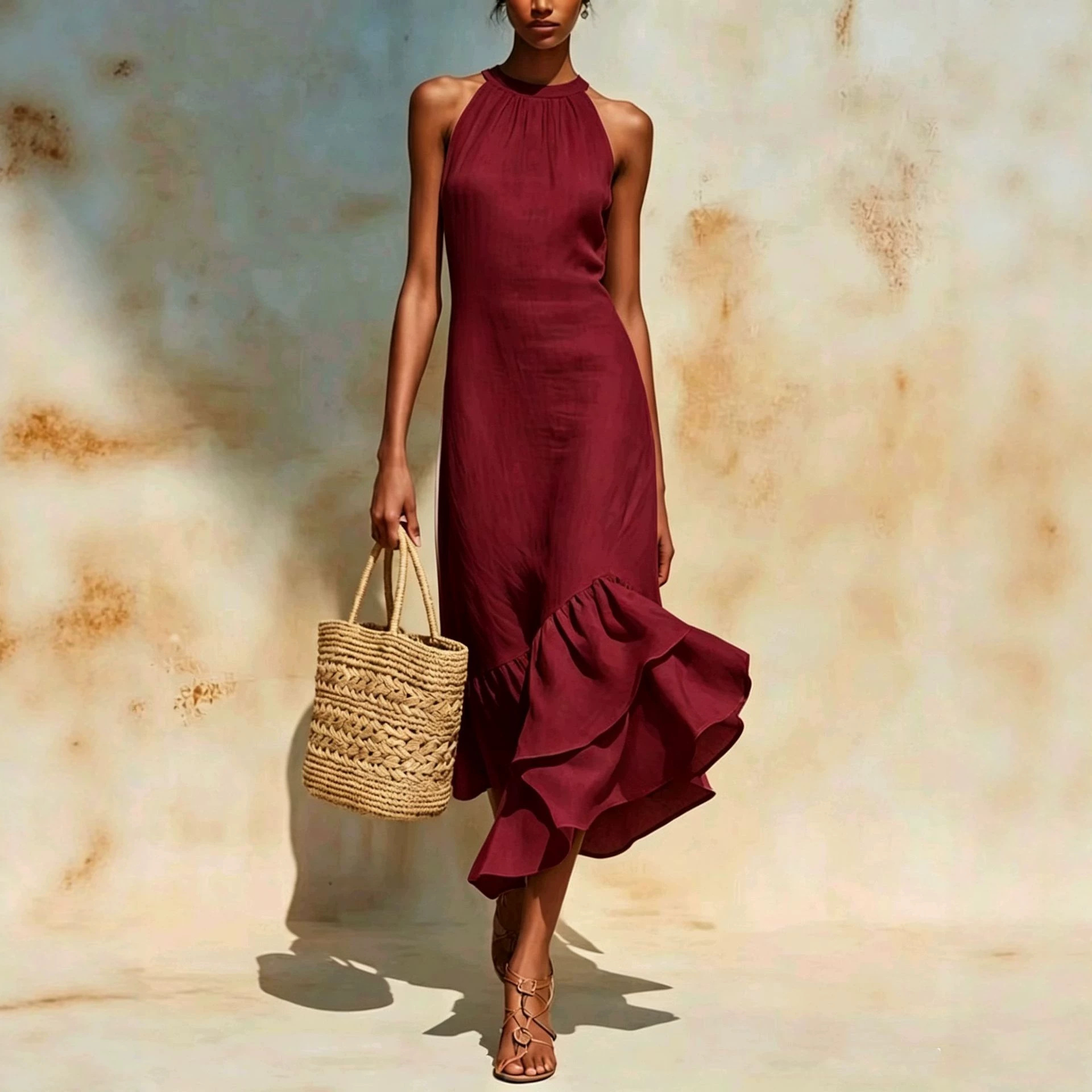 Women's Clothing Summer Women's Elegant Sleeveless Round Neck Ruffle Hem Dress Fashion Style For Formal & Casual For Women_ecoleips.com