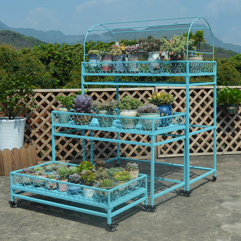 Multi-functional succulent flower stand, balcony multi-layer iron fence, floor-standing, indoor and outdoor movable with wheels, terrace sunshade and rain protection, blue