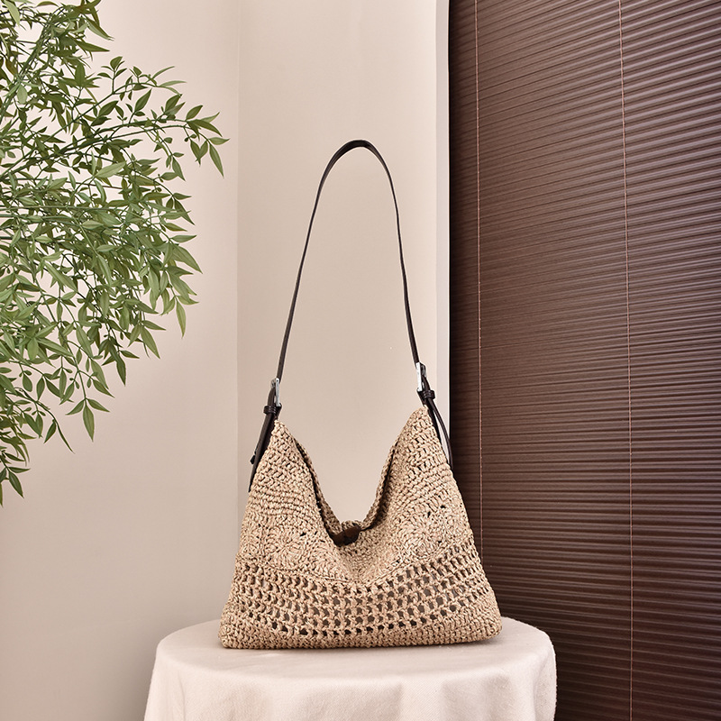 Handmade Crochet Raffia Woven Large Leather Bag 2026 New Women's Tote Bag Vacation Style Beach Straw Bag