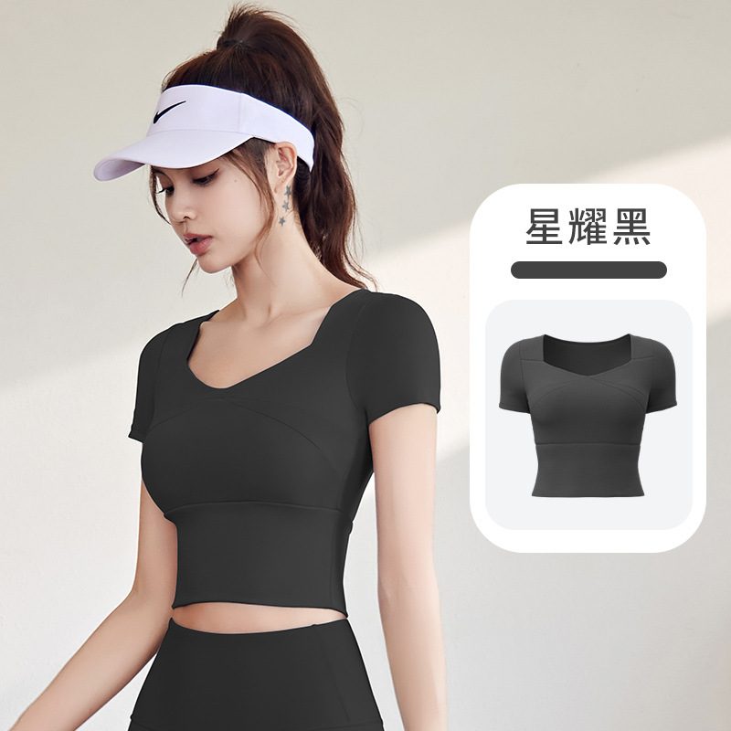 Juyitang costura ropa de Yoga de secado rápido con almohadilla en el pecho yoga manga corta sensación desnuda slim fit adelgazamiento deportes fitness top