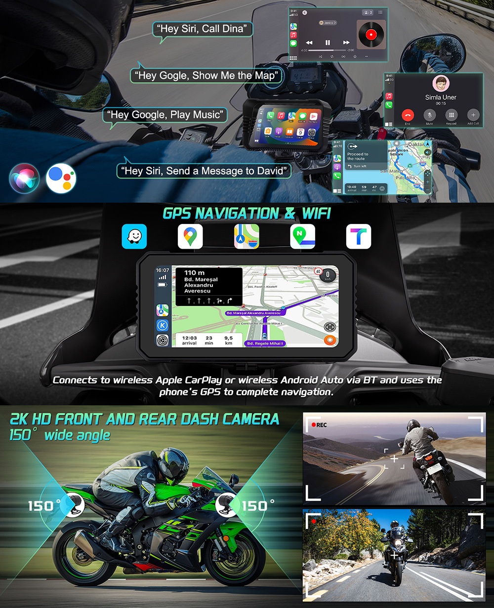 6.25inch Motorcycle Carplay Dual Lens Dash Cam Wifi Bluetooth Gps Wired Control Front and Rear 2K