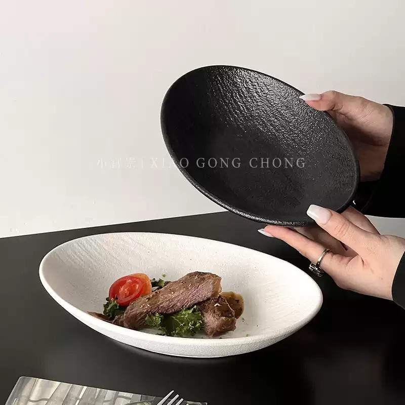 陶瓷石纹蛋型盘高级感西餐盘牛排盘果盘菜盘凉菜盘沙拉盘子元宝碗
