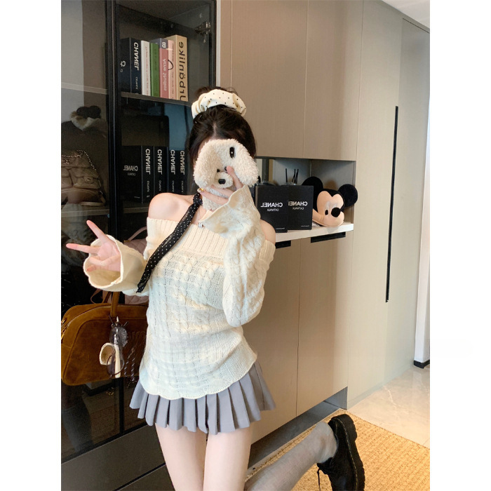 温柔气质一字肩别致针织衫女2025早秋辣妹纯色设计感百搭长袖上衣|undefined
