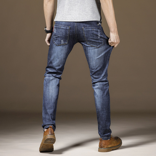 Maliu slim fit small-foot jeans men's classic jeans stretch four-season trousers washed men Korean style men's clothing