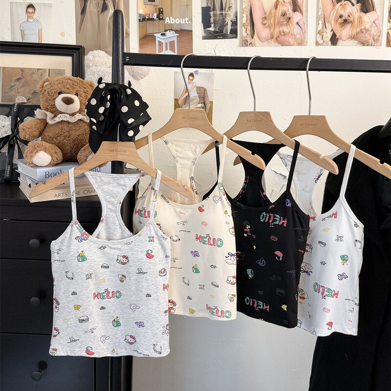 6128 # Cute Cartoon Cat Print Racer Camisole Summer Slim Fit Sleeveless Top with Breast Pads