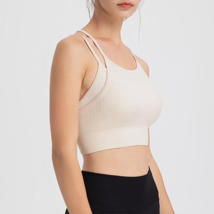 Falso de dos piezas correa de hombro delgada belleza de espalda ropa interior deportiva femenina a prueba de choque correr yoga ropa de fitness chaleco bra image 3
