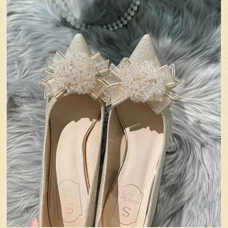 2025 French-style rhinestone and pearl floral bridal wedding shoes for women, comfortable high heels 2025 French-style rhinestone and pearl floral bridal wedding shoes for women, comfortable high heels