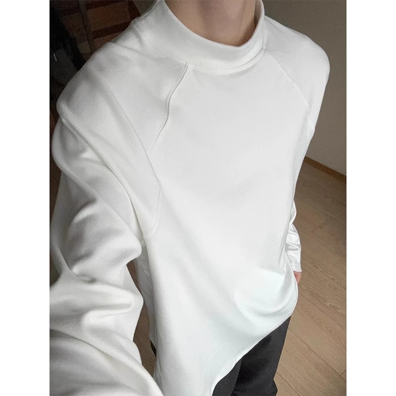 반 높이 칼라 새 긴팔 티셔츠 남성 봄과 가을 미국 패션 브랜드 솔리드 컬러 심플 슬림 핏 슬리밍베이스 셔츠 탑