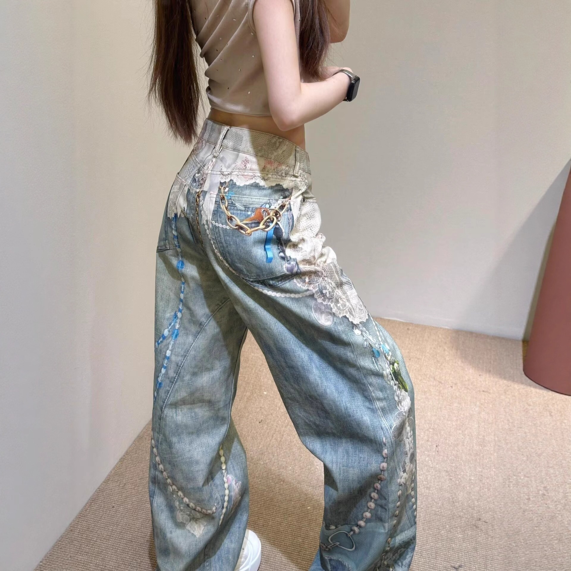 High Version~ A New 3D Printing Three-dimensional Lace Pearl Heavy Industry Printing Scimitar Straight Jeans Trousers_ecoleips.com