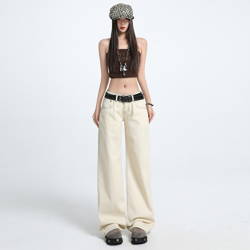Apricot Straight-Leg Jeans for Women 2025 Spring and Autumn New Style Hot Girl Low-Waist Slimming Loose Floor-Length Wide-Leg Pants