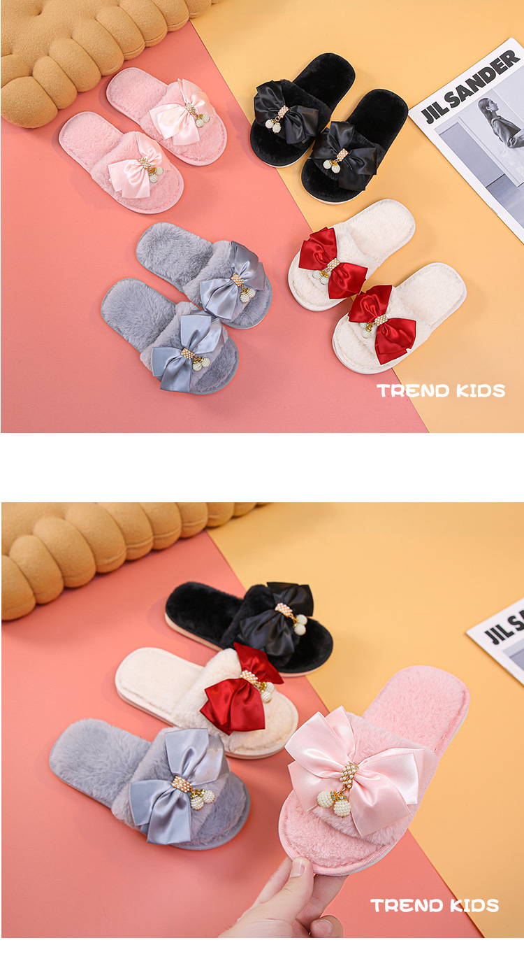 New Home Bowknot Plush Slippers Children Soft Bottom Indoor Warm Breathable Open Toe Flat-heeled Slippers Wholesale display picture 10