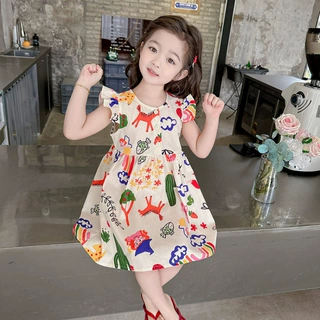女童连衣裙夏装2025新款儿童棉质短袖洋气涂鸦裙女宝宝夏季衬衫裙