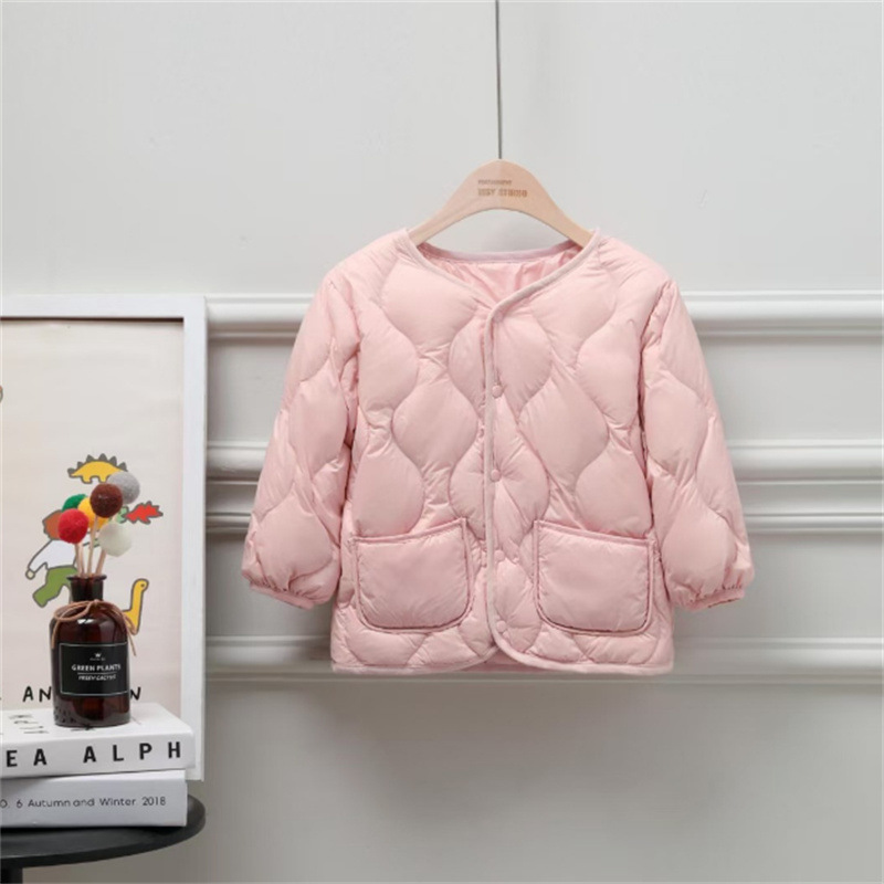 Cross-border supply new lightweight down jacket children's clothing collarless solid color short-button style long-sleeved down coat manufacturer