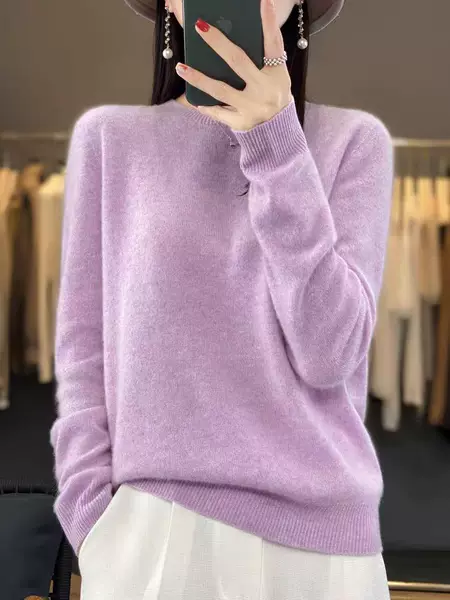 High-Quality Pure Wool Sweater for Women, Round Neck Pullover, New Autumn and Winter Style, Loose-Fitting Knit Top, Slimming Inner Wear