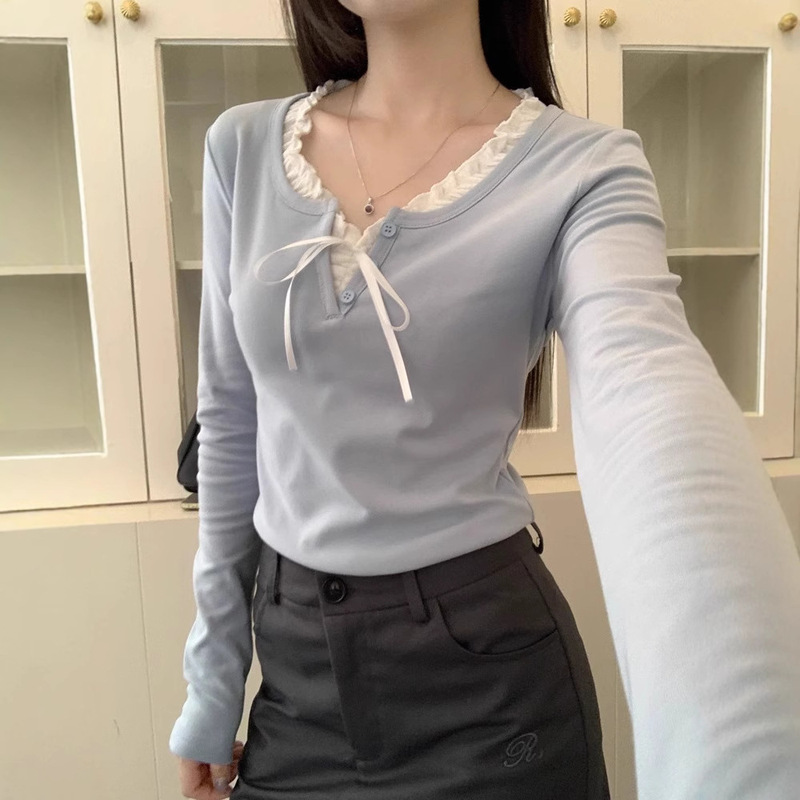 Lace Collar Tie-Up Long-Sleeve T-Shirt Autumn and Winter Bow-Knot Patchwork Slim-Fit Base Shirt Unique Women's Top Wholesale