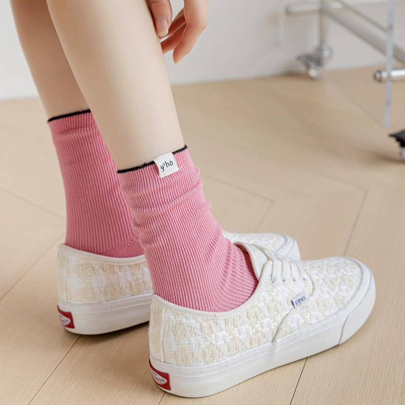 Dopamine tide cream colored children's spring and summer breathable middle tube pile fabric label women's socks, double_voghion.com