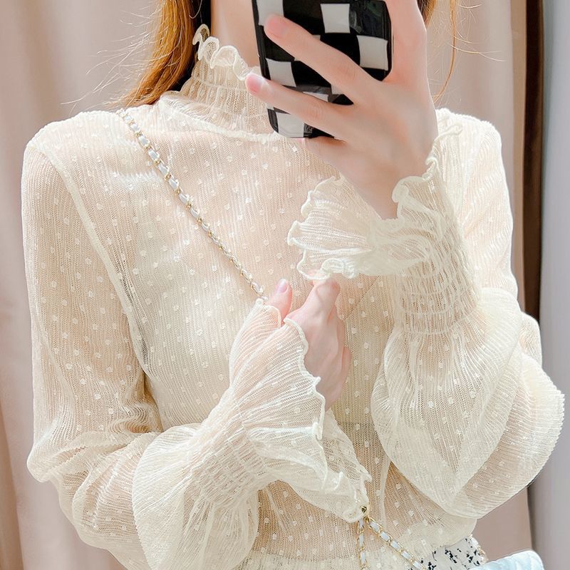 Women's lace bottoming shirt with Wooden Ears, spring and autumn, fashionable Western-style bell-sleeve gauze top with white turtleneck mesh top