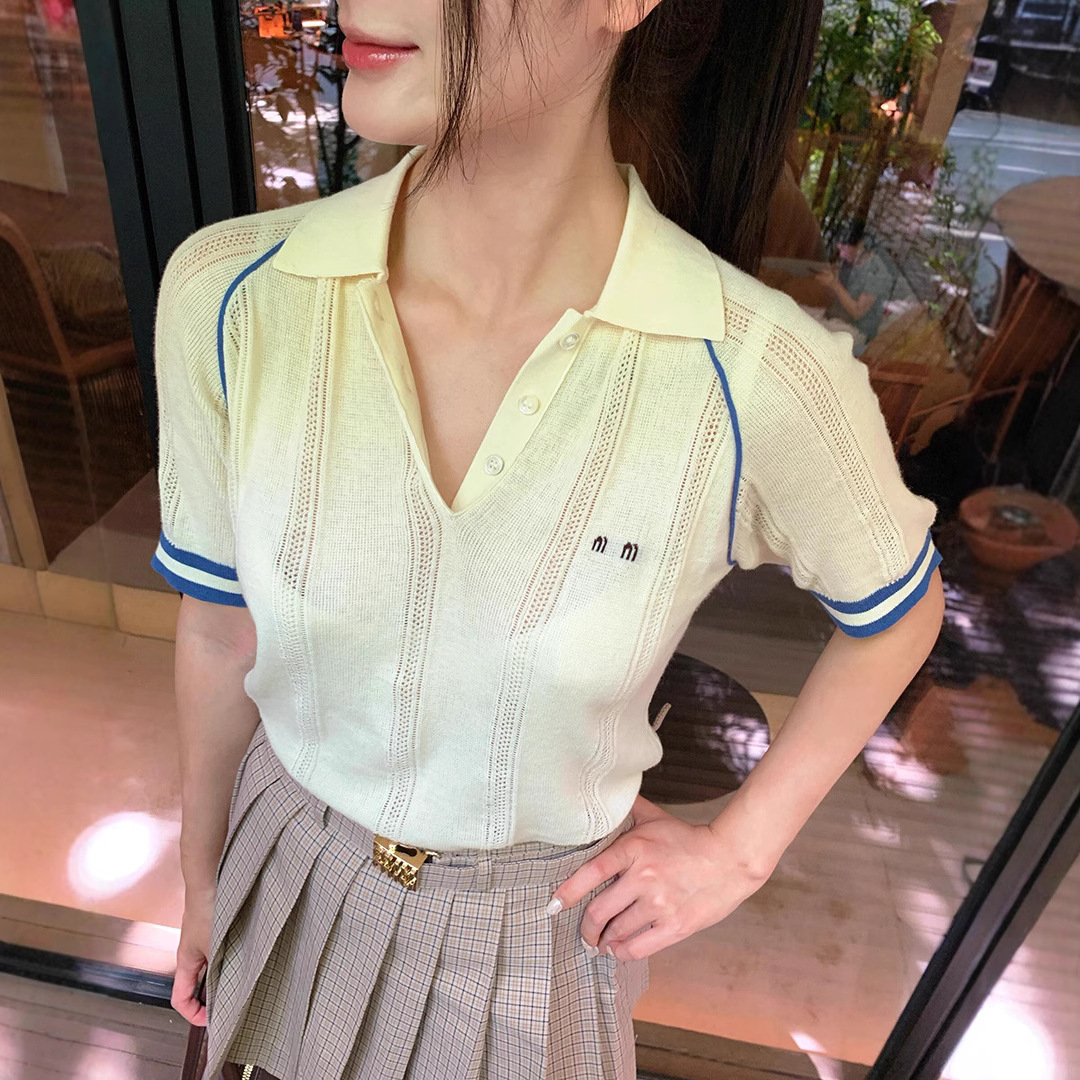 Mm Contrasting Color Lyocell Tencel Women's Knitwear Age-Reducing Preppy Style Polo Collar Polo Shirt Cuffed Short-Sleeved T-Shirt